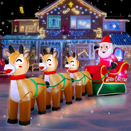 12 Feet Long Christmas Inflatables Santa Claus with Three Reindeer Built-in LED Lights, Blow Up Christmas